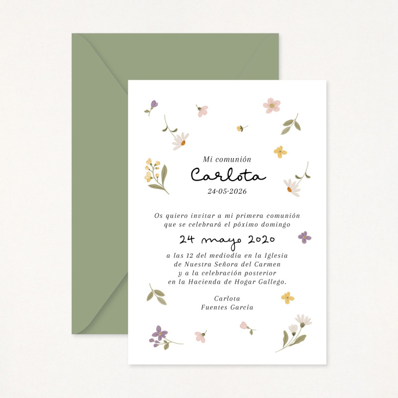 Invitació de comunió amb sobre amb disseny dolç estampat amb motius florals LILLY