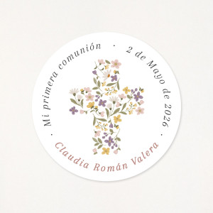 Adhesivo circular de 6cm, personalizado con los datos de su primera comunión y una cruz floral como protagonista