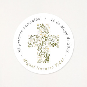 Adhesiu circular, de 6cm, personalitzat amb les dades de la seva primera comunió, i una creu floral com a protagonista 2