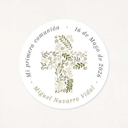 Adhesivo circular de 6cm, personalizado con los datos de su primera comunión y una cruz con laurel y olivo como protagonista
