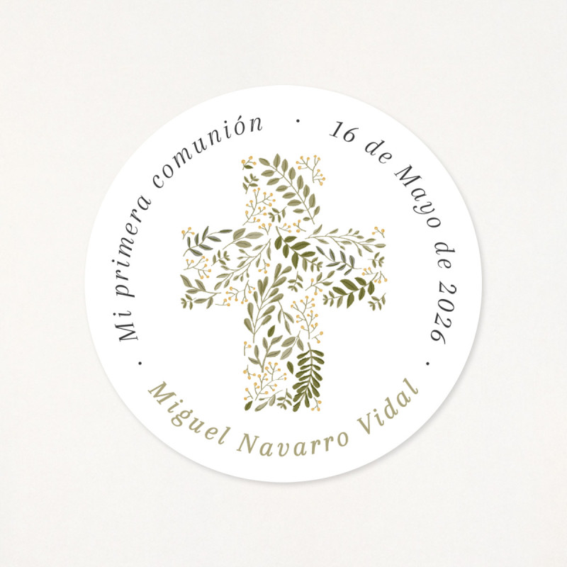 Adhesivo circular de 6cm, personalizado con los datos de su primera comunión y una cruz con laurel y olivo como protagonista