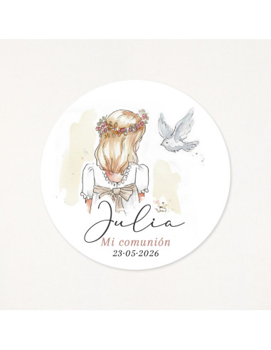 Adhesiu circular de 6cm amb una ill·lustració en aquarel·la d'una nena de primera comunió
