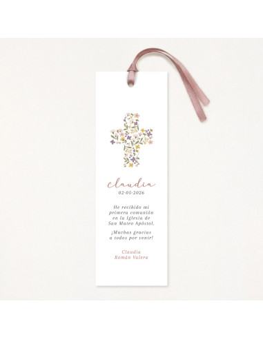 Marcapáginas o punto de libro de primera comunión con una cruz floral como protagonista