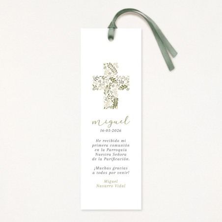 Marcapáginas o punto de libro de primera comunión con una cruz con ramas de laurel y olivo como protagonista