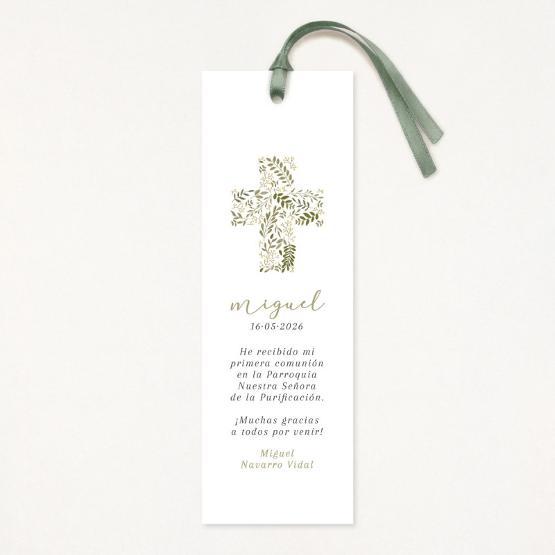 Marcapáginas o punto de libro de primera comunión con una cruz con ramas de laurel y olivo como protagonista