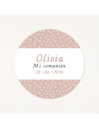 Adhesiu circular de 6cm, amb un estampat de puntets rosa, personalitzat amb el seu nom i la data de la primera comunió