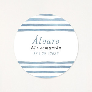 Adhesiu circular de 6cm, amb un estampat a ratlles mariner, personalitzat amb el seu nom i la data de la primera comunió