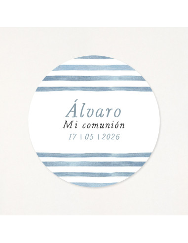 Adhesiu circular de 6cm, amb un estampat a ratlles mariner, personalitzat amb el seu nom i la data de la primera comunió