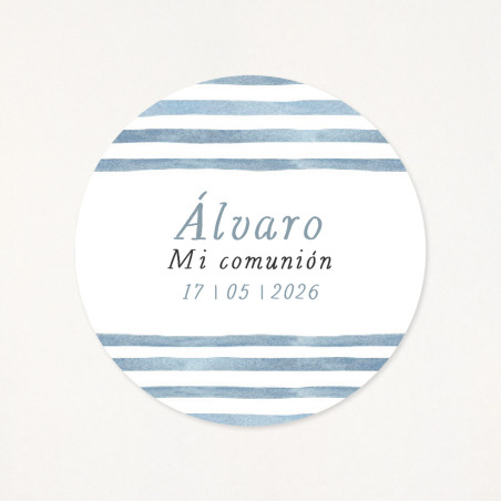 Adhesivo circular de 6cm,  con un estampado a rayas marinero, personalizado con su nombre y la fecha de la primera comunión