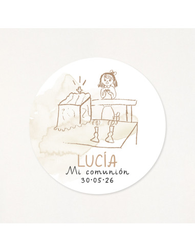 Adhesivo circular de 6cm, personalizado con su nombre, la fecha de la primera comunión y un dibujo hecho por él/ella mism@