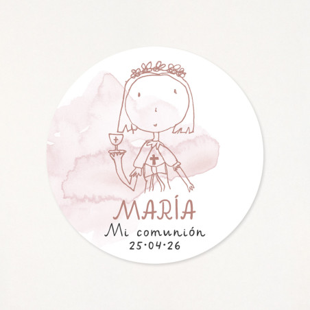 Adhesivo circular de 6cm, personalizado con su nombre, la fecha de la primera comunión y un dibujo hecho por él/ella mism@