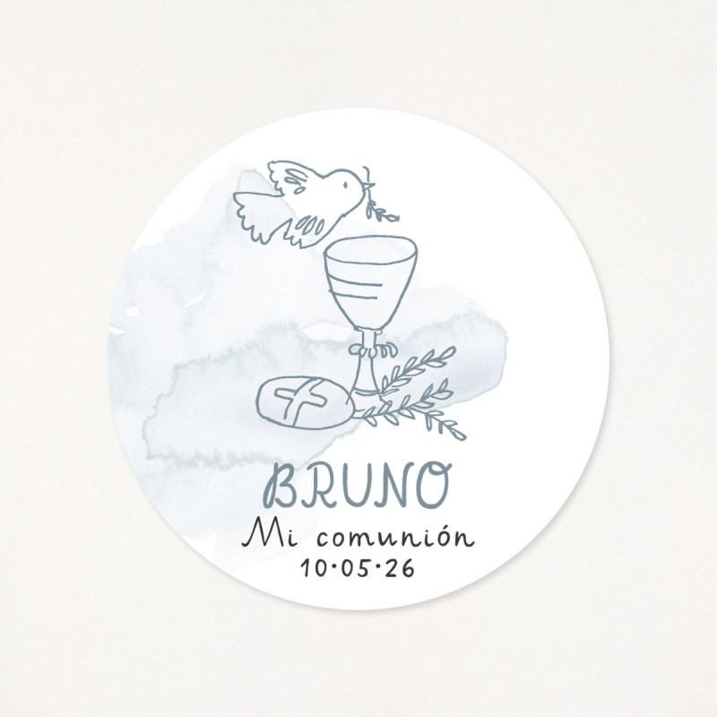Adhesivo circular de 6cm, personalizado con su nombre, la fecha de la primera comunión y un dibujo hecho por él/ella mism@