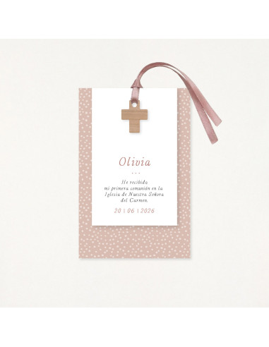 Recordatori de primera comunió premium, amb un estampat de puntets i una creu de fusta com a protagonista