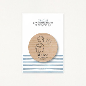 Packaging amb bossa transparent i suport imprès amb el missatge "Gràcies per acompanyar-nos en aquest gran dia"