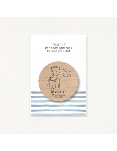 Packaging con bolsa transparente y soporte impreso con el mensaje "Gracias por acompañarnos en este gran día"