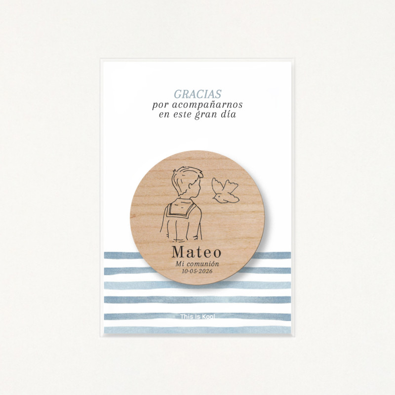 Packaging con bolsa transparente y soporte impreso con el mensaje "Gracias por acompañarnos en este gran día"