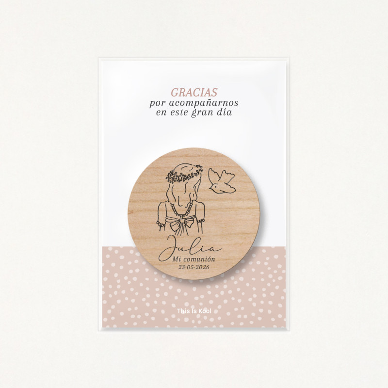 Packaging amb bossa transparent i suport imprès amb el missatge "Gràcies per acompanyar-nos en aquest gran dia"