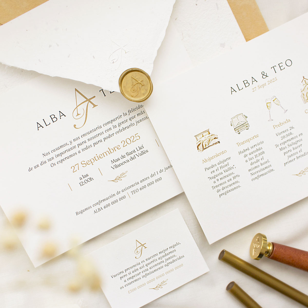 Invitación de boda con papelería a conjunto