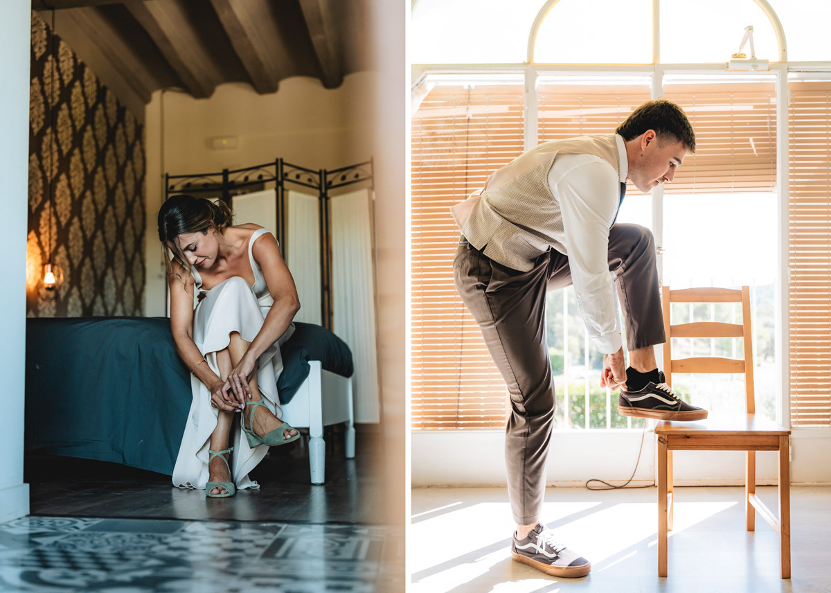 Pareja de novios vistiéndose para su boda