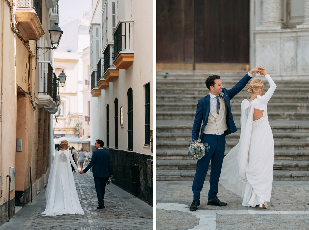 Marina y Javi el día de su boda en Cádiz, frente al mar