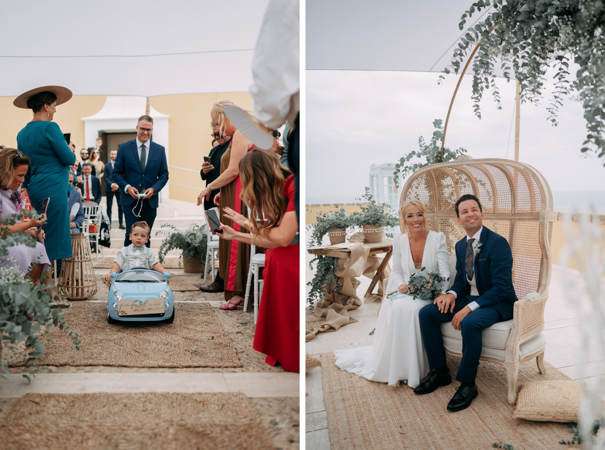 Entrada del hijo de los novios en cochecito eléctrico durante la ceremonia