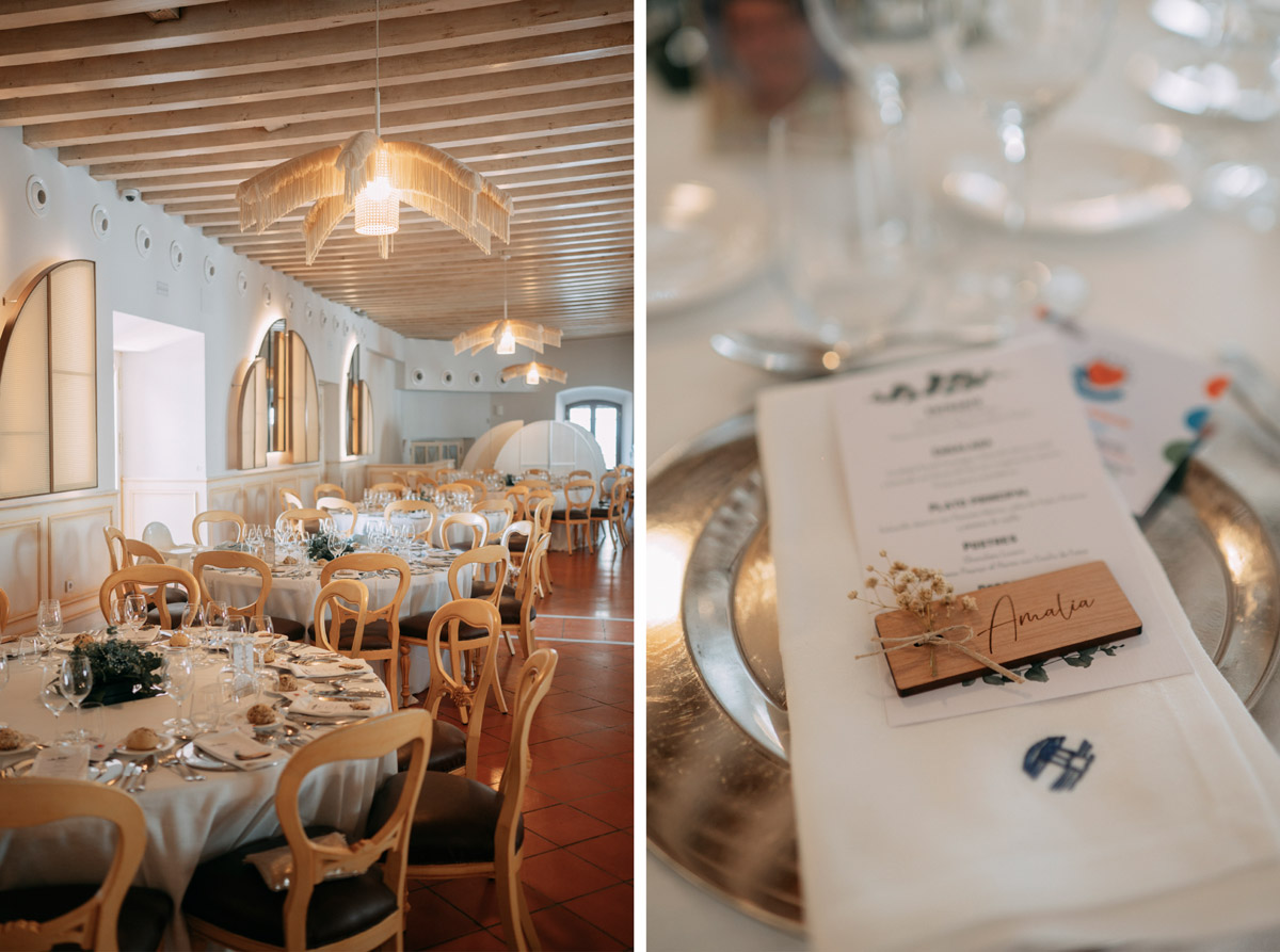 Salón de bodas decorado en estilo rústico con detalles en mint