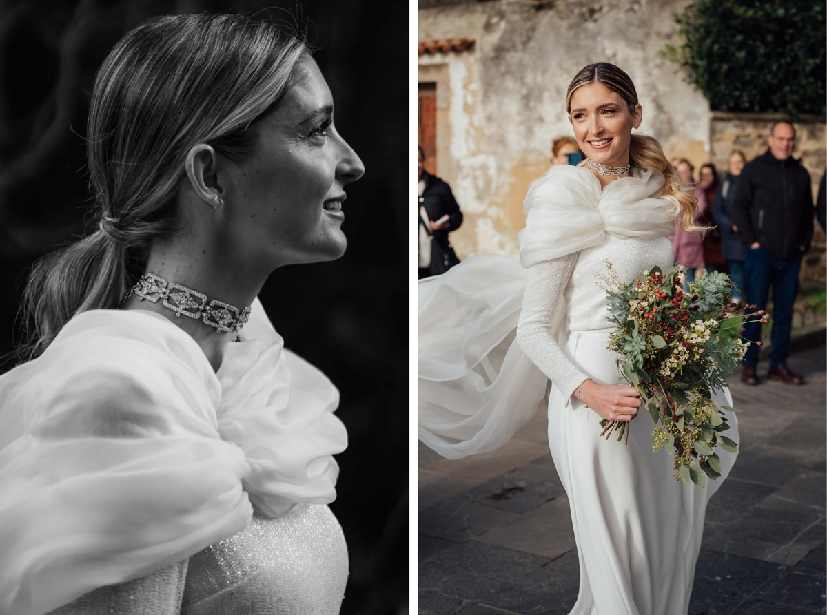 Novia con dos piezas de invierno y capa semitransparente en boda navideña en Palacio de la Riega