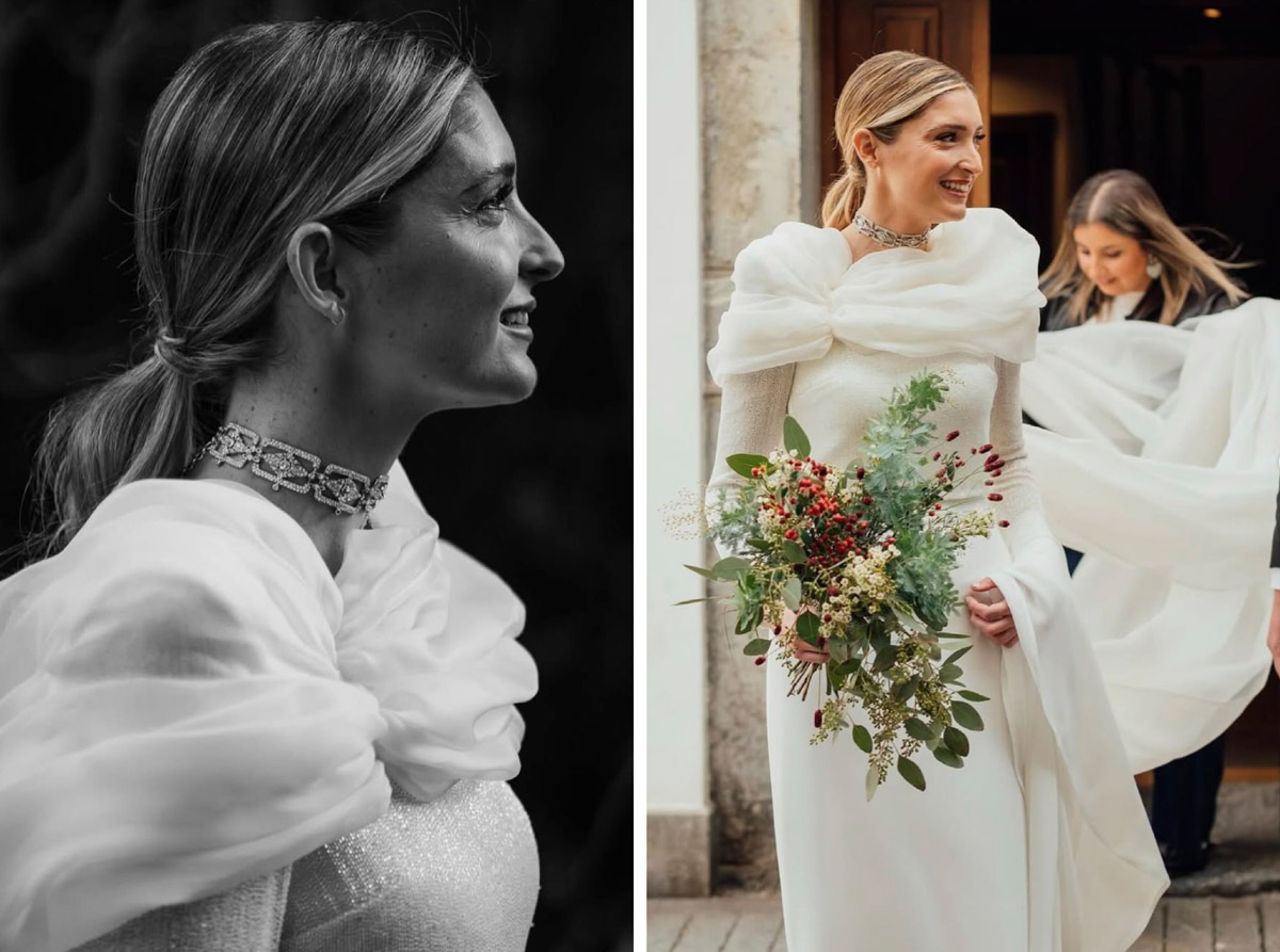 Novia con dos piezas de invierno y capa semitransparente en boda navideña en Palacio de la Riega