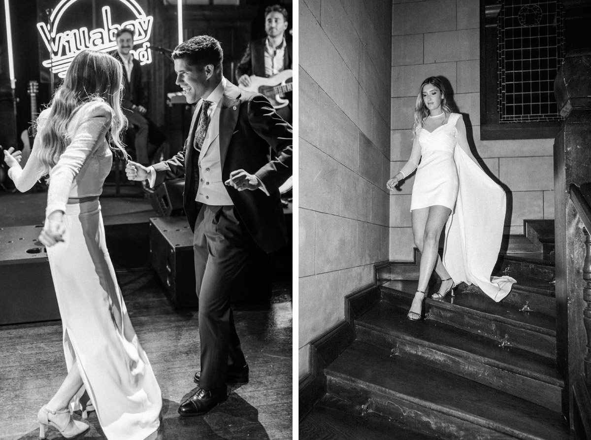 Pareja de recién casados disfrutando del baile con Villaboy Band en boda de invierno