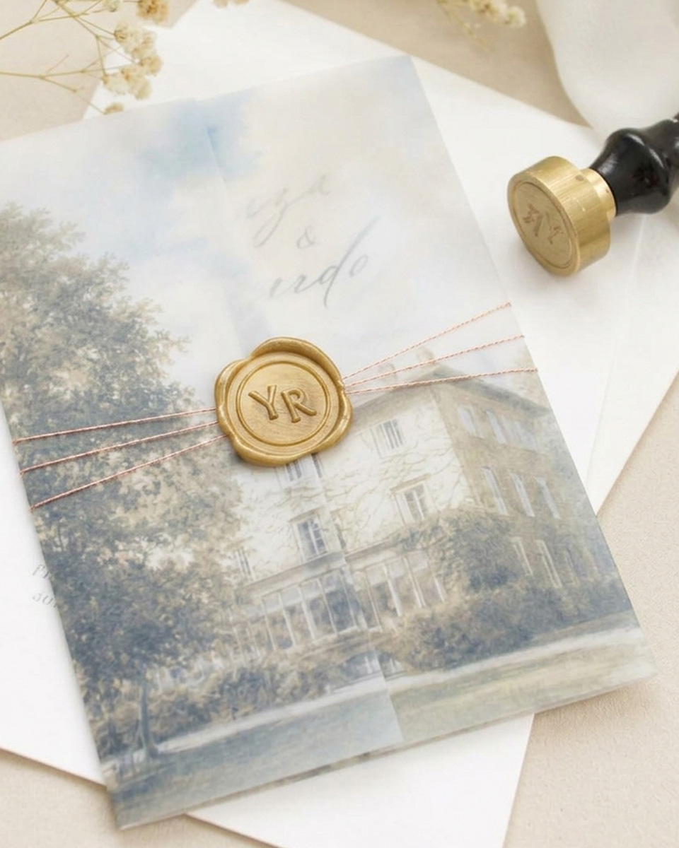 Invitaci&oacute;n de boda con carpeta transl&uacute;cida tipo faj&iacute;n