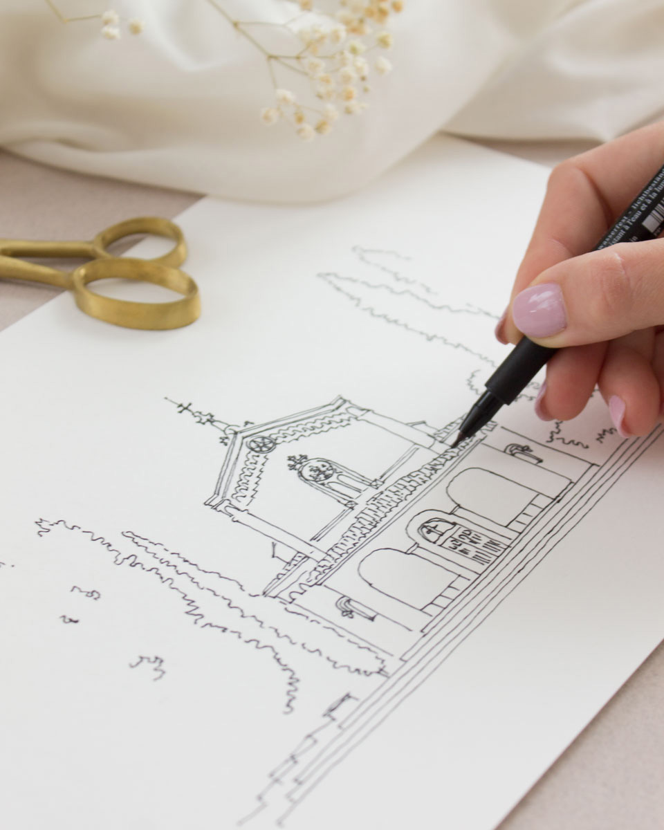 Ilustraciones personalizadas tipo sketch de iglesia de boda para tus invitaciones