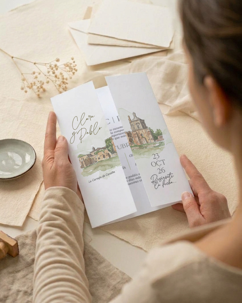 Invitaci&oacute;n de boda en formato tr&iacute;ptico tipo carpeta