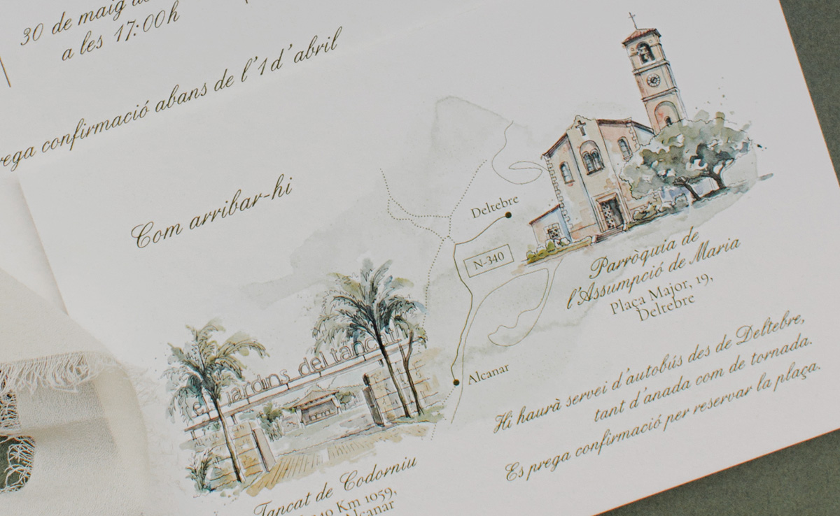 Mapa para invitaci&oacute;n de boda personalizado con ilustraciones en acuarela