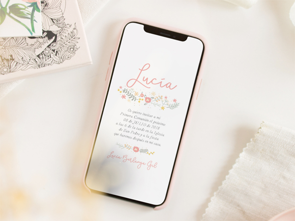 Invitaci&oacute; de bateig digital personalitzada amb il&middot;lustracions florals
