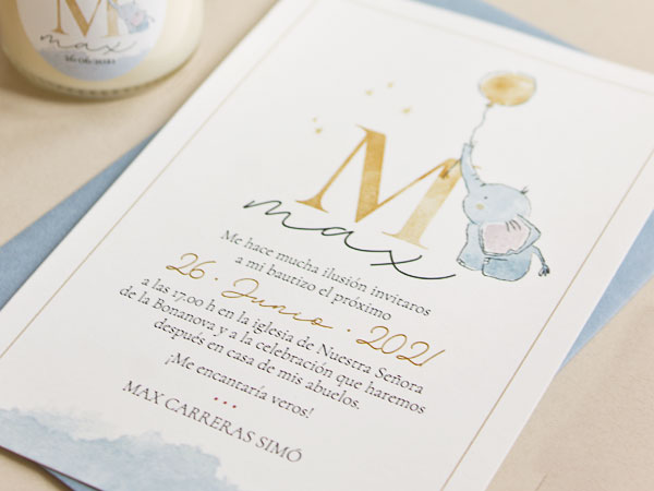 Invitaci&oacute; de bateig personalitzada amb il&middot;lustraci&oacute; d'un elefant en aquarel&middot;la