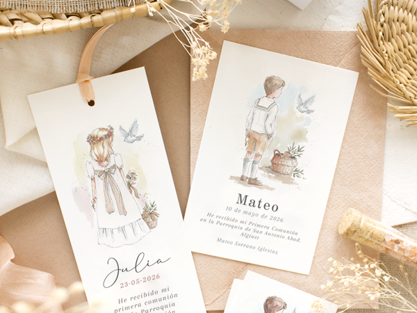 Colecci&oacute;n de bautizo "Aire" personalizada con invitaciones, detalles y decoraci&oacute;n a juego